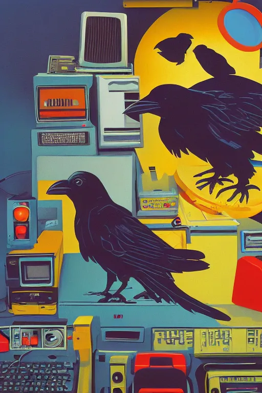 Image similar to a raven digging through 8 0 s era technology, vintage shapes, retro technology, happy color, wayne barlow, oil on canvas, deep depth of field, masterpiece, cinematic composition, hyperdetailed