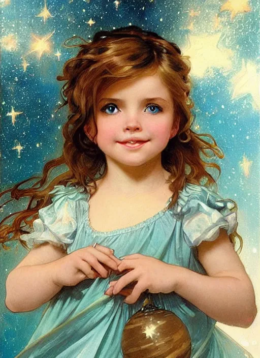 Image similar to a cute little girl with a round cherubic face, blue eyes, and short wavy light brown hair smiles as she floats in space with stars all around her. she is wearing a turquoise dress. beautiful painting by artgerm and greg rutkowski and alphonse mucha