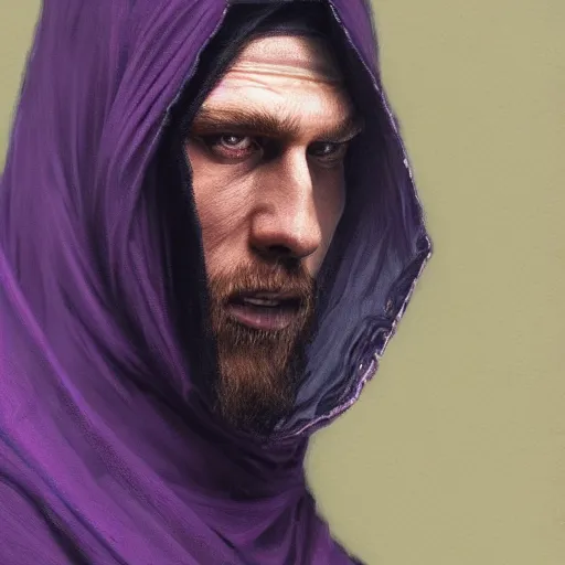 Image similar to ultra realistic illustration, man in a black hood, in a striped purple balaclava, mysterious, highly detailed, digital painting, artstation, concept art, smooth, sharp focus, illustration, art by artgerm and greg rutkowski and alphonse mucha