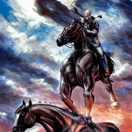 Image similar to chonky ethan van sciver with a bald head and grey trimmed beard with a pointy nose as the first horseman of the apocalypse riding a strong big black stallion, horse is up on its hind legs, beautiful artwork by artgerm and rutkowski, breathtaking, beautifully lit, dramatic, full view