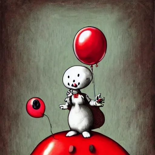 Prompt: grunge cartoon painting of a bunny with a wide smile and a red balloon by chris leib, loony toons style, pennywise style, horror theme, detailed, elegant, intricate