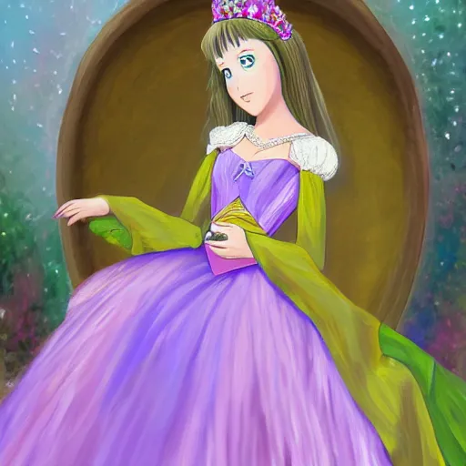 Image similar to Oil painting of a princess wearing a lavanda color dress, and a tiara with emeralds, digital art, 4k, anime style