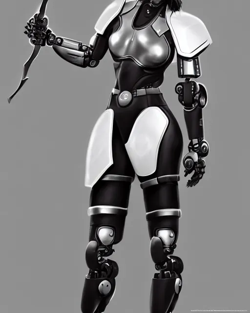 Image similar to concept art of a thicc female futurstic warrior, wearing a robotic white helmet, futurstic smooth slim fitted armor, sleek design, aerodynamic design, holding a large futurstic robotic bow | | epic - fine - clean, polished, trending on artstation, brush strokes