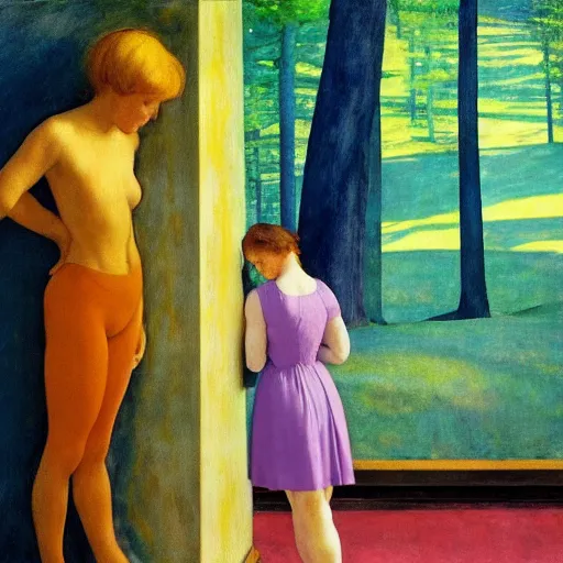 Image similar to a young girl lost in a blue golden forest, film still by edward hopper, by Pontormo, by klimt, art noveau, highly detailed, strong lights, liminal, eerie, Bright pastel colors