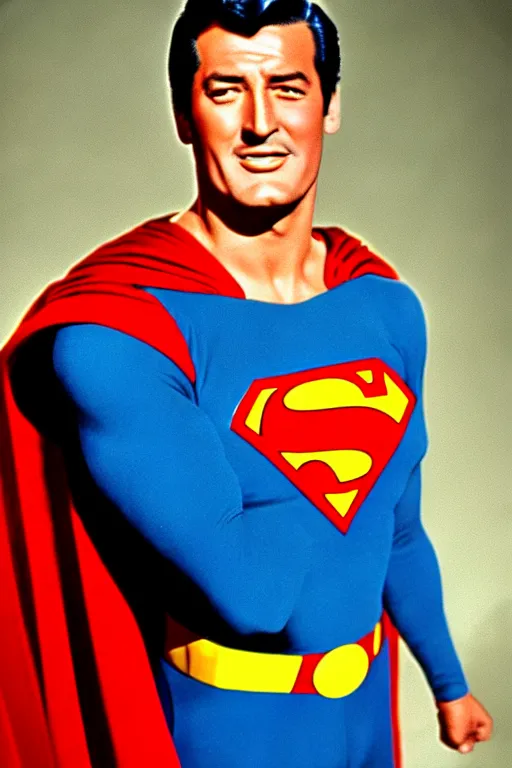 Prompt: rock hudson playing superman in, superhero, dynamic, 3 5 mm lens, heroic, studio lighting, in colour
