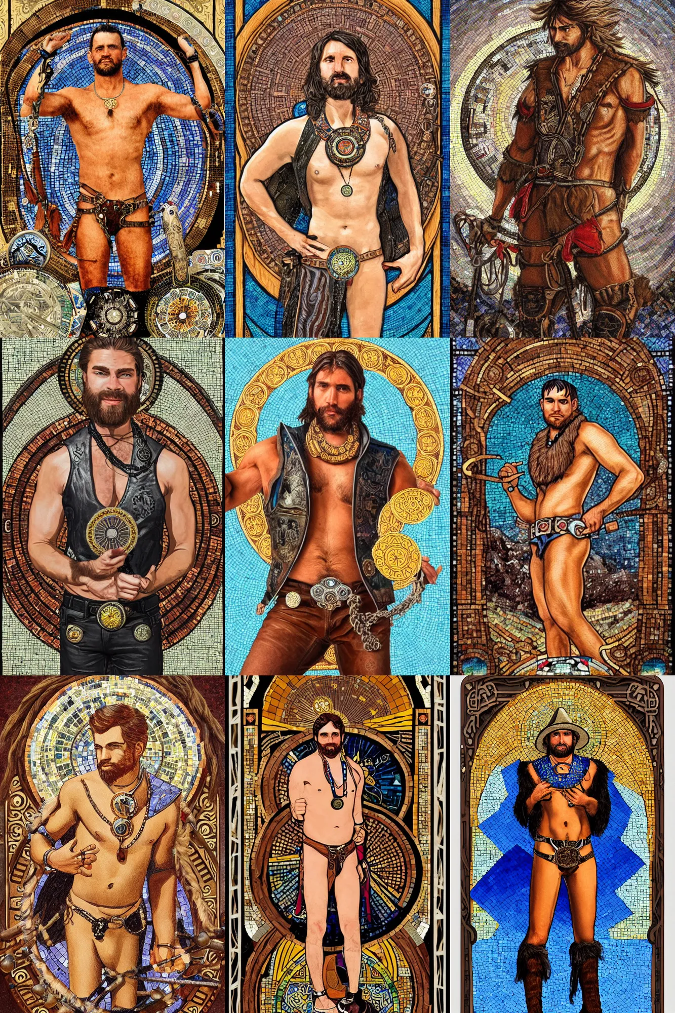 Prompt: a beautiful epic symmetrical tarot painting of a handome hairy shirtless cowboy wearing a leather vest and pants and a circular pendant around his neck. He is holding reins | background is a mosaic of wagon wheels | tarot card, art deco, art nouveau | trending on artstation