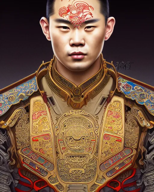 Prompt: portrait of a chinese masculine male cyberpunk machine, machine face, upper half portrait, decorated with chinese opera motifs, muscular, asian, fine china, wuxia, traditional chinese art, intricate, elegant, highly detailed symmetry headpiece digital painting artstation concept art smooth sharp focus illustration, art by artgerm and greg rutkowski alphonse mucha 8 k