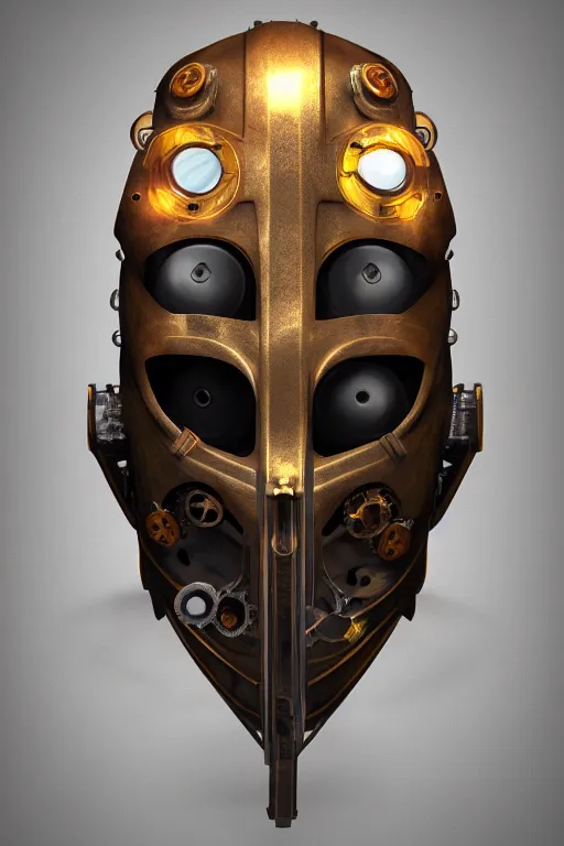 Image similar to steampunk mask minimalist fantasy art robot ninja helmet, global illumination ray tracing hdr fanart arstation by sung choi and eric pfeiffer and gabriel garza and casper konefal radiating a glowing aura