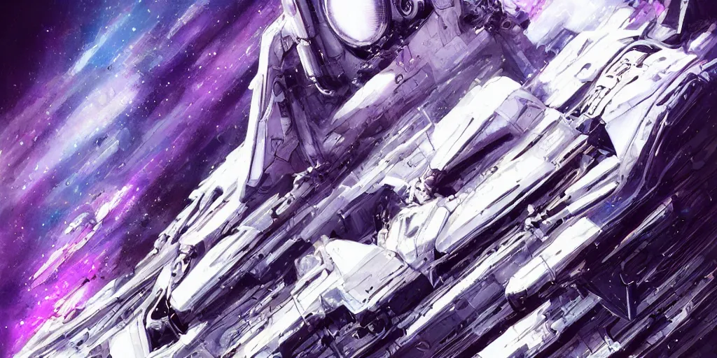 Prompt: spaceship in space, sci-fi, cyberpunk, by Stanley Artgerm, Travis Charest, Carne Griffiths, sleek, futuristic, alien, white, blue, purple, trending on artstation, detailed, intricate, steampunk