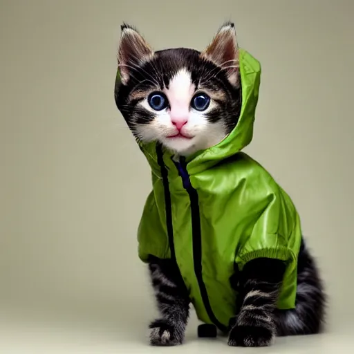 Image similar to a cute kitten wearing a raincoat