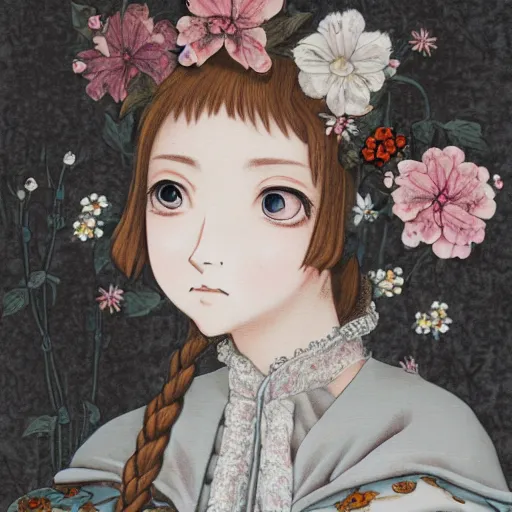 Image similar to renaissance, manga portrait of a young lady pink cheeks wearing renaissance harajuku dress pale grey and white flowers, background chaotic flowers