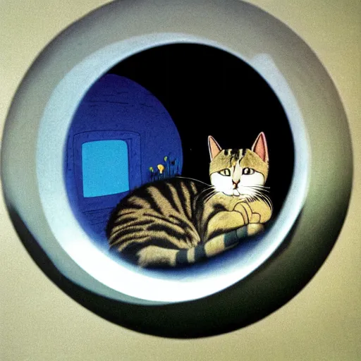Prompt: a cat peeks out of a circular bubble window, studio ghibli