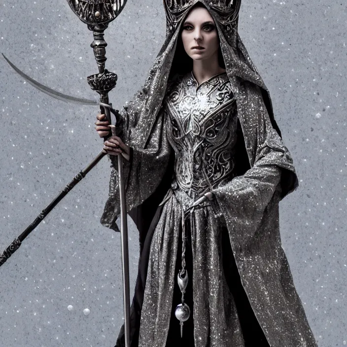 Image similar to photograph of a real-life beautiful lunar witch with ornate silver robes and staff. Extremely detailed. 8k