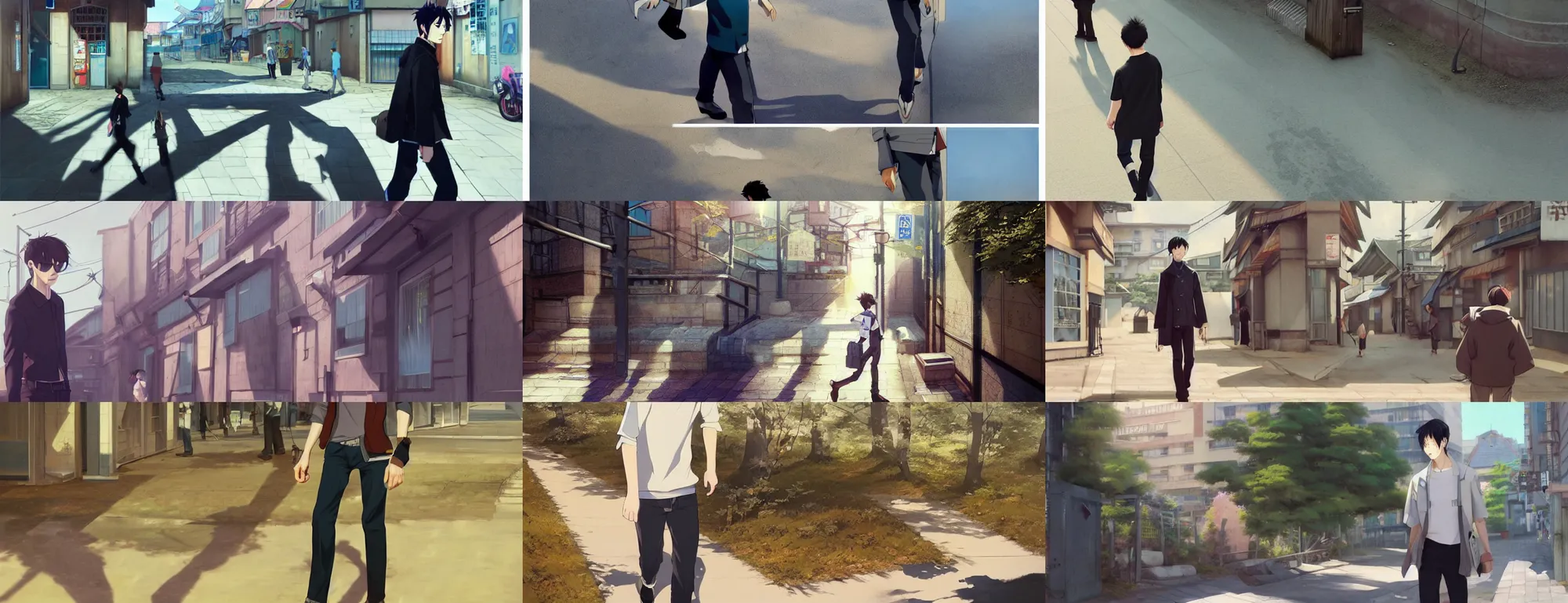 Prompt: a trendy korean adult male model walking on a nice sunny afternoon, strong shadows, overexposed sunlight, a screenshot by krenz cushart, pixiv contest winner, action painting, 2d game art, official art, award-winning, art by Studio Ghibli, by Chris Moore, high details