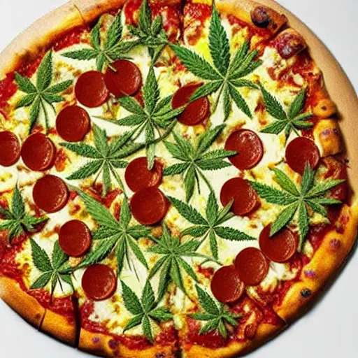 Prompt: picture of a pizza decorated with marijuana