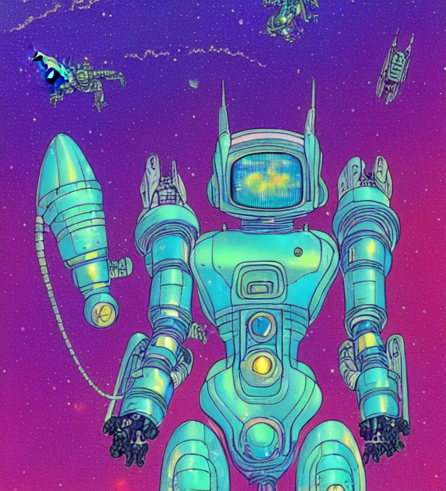 Prompt: a mecha dragon in a iridescent spacesuit, galactic background, vintage sci - fi soft grainy, inspired moebius, inspired by tim white, in the style of studio ghibli