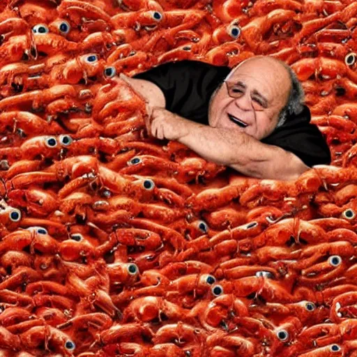Prompt: Detailed Danny Devito fighting an army of small red crabs