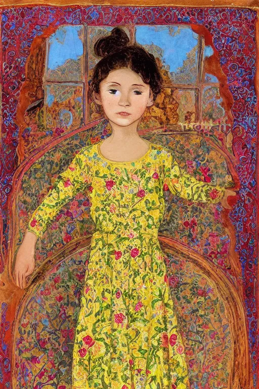 Prompt: girl waer detailed golden arabesque dress with a lot of narcissus in persian pot, persian painting