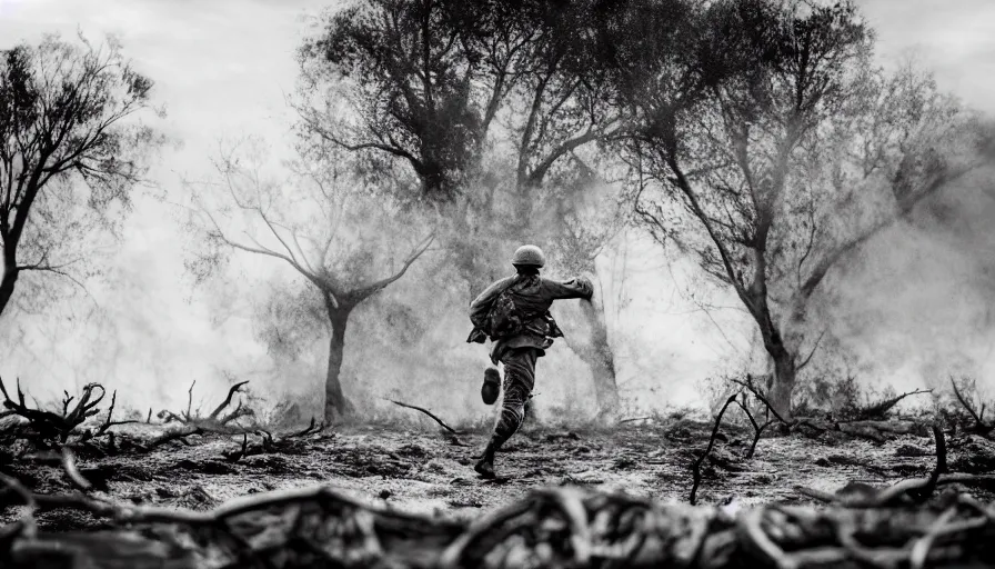 Prompt: screaming World War 1 soldier running across No Mans Land, wartorn landscape, lots of mud puddles and craters, burnt and broken trees, dirty lens, cinematic lighting, IMAX close-up cinematography, 35mm