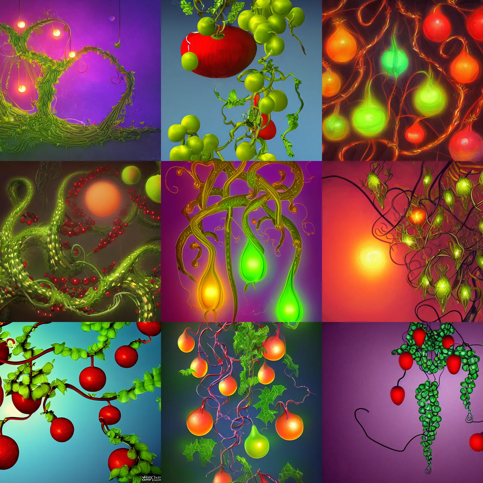 Prompt: Illustration of the strange vine showing the glowing fruits. Fantasy art, 8k high resolution.