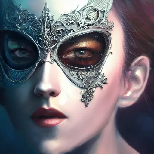 Image similar to Very very very very highly detailed epic photo of face with venetian mask, intricate, dystopian, sci-fi, extremely detailed, digital painting, artstation, concept art, smooth, sharp focus, illustration, intimidating lighting, incredible art by Artgerm