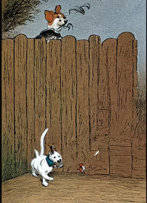 Prompt: jack russel terrier jumping on brick fence, illustrated by peggy fortnum and beatrix potter and sir john tenniel