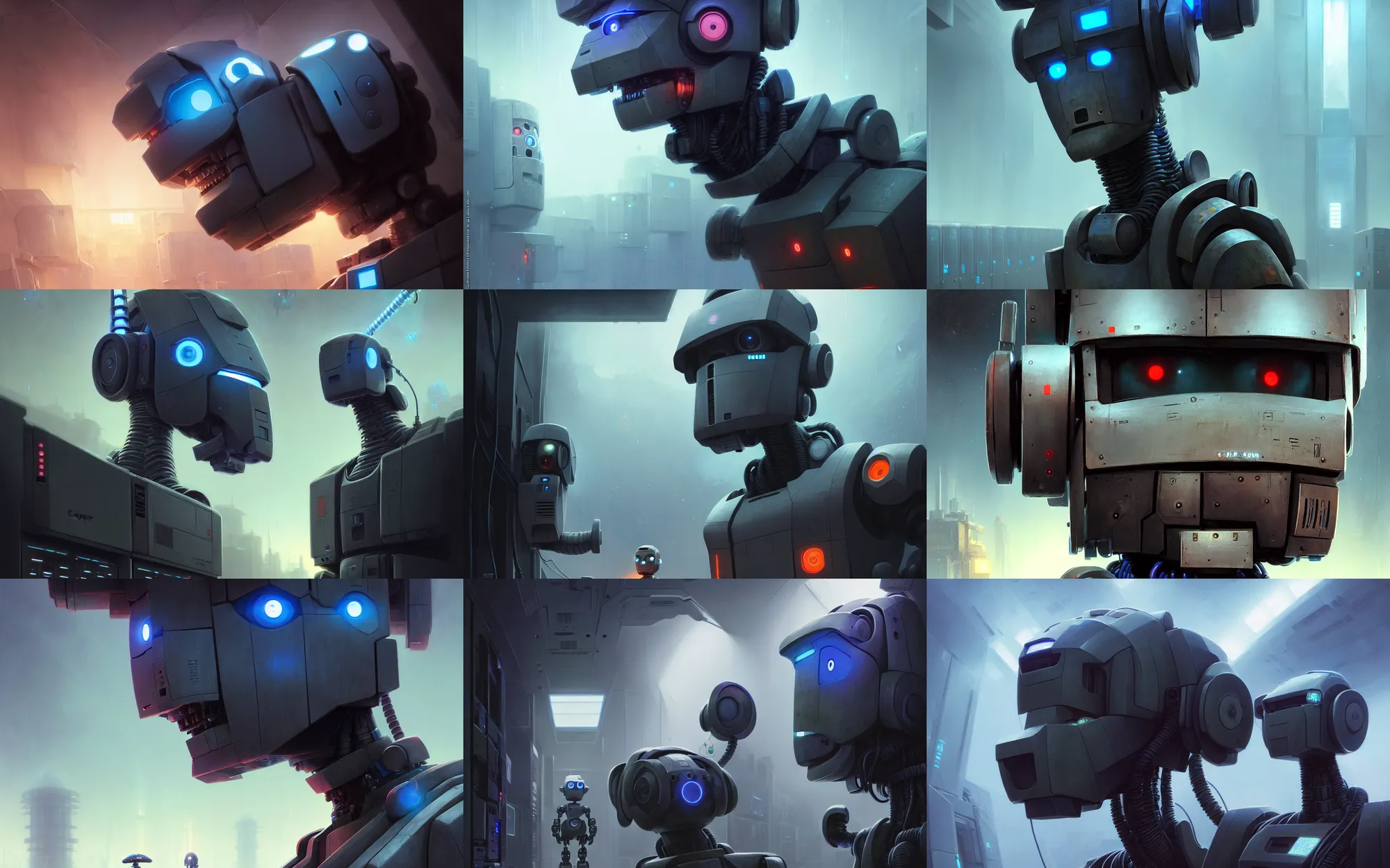 Prompt: portrait close - up of a chappie robot in a data center, concept art, high detail, 4 k, by jordan grimmer, art greg rutkowski, ivan aivazovsky, ruan jia, reza afshar, marc simonetti