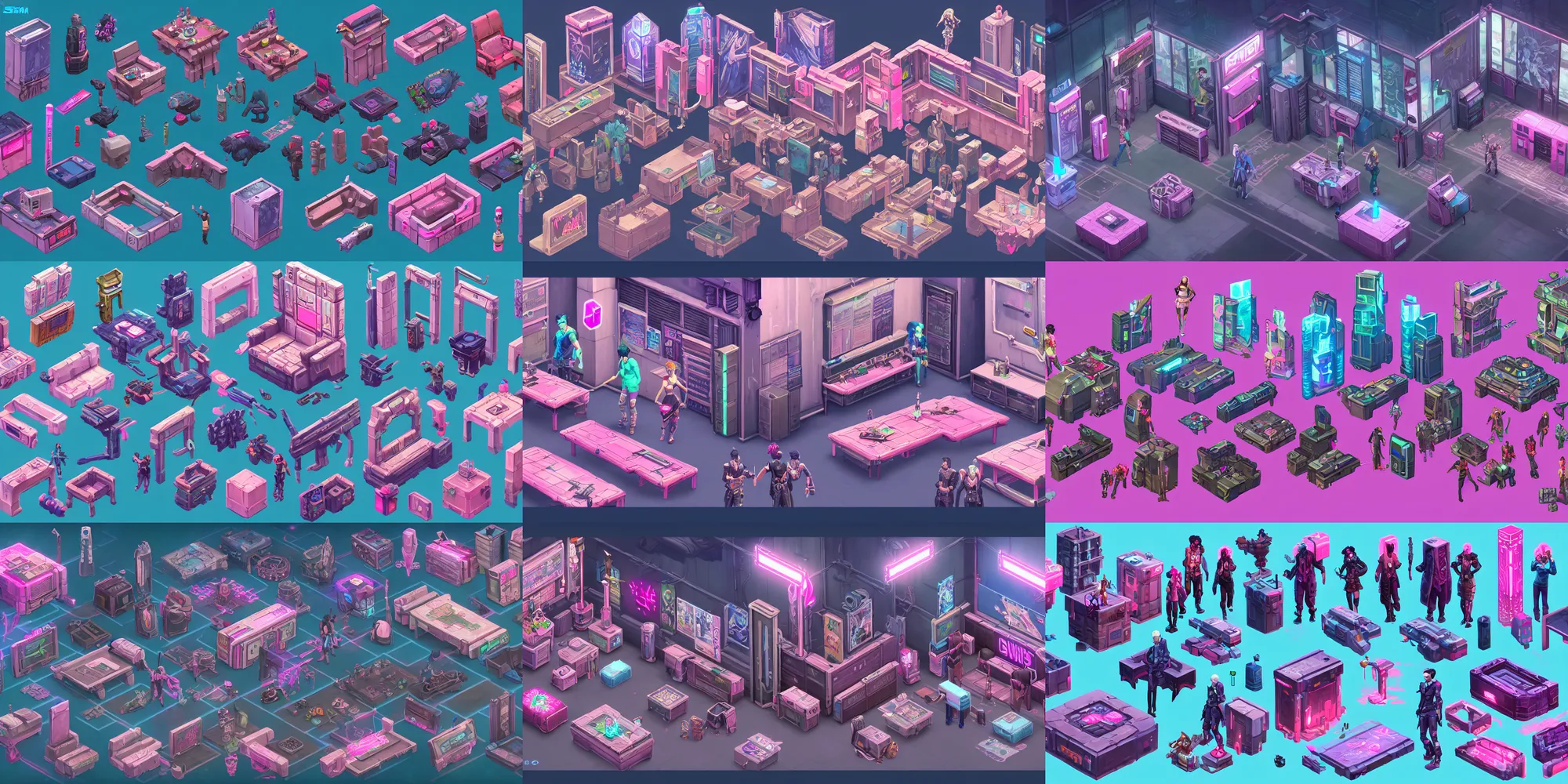 Prompt: game asset of the sims cyberpunk hongkong shadowrun furniture and decor, no characters, in gouache detailed paintings, props, stylized, 2 d sprites, kitbash, arcane, overwatch, blue and pink color scheme, 8 k, close up