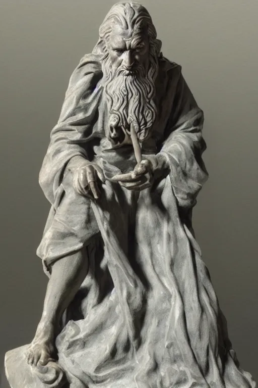 Prompt: Une statue monumentale en plein-pied de Gandalf, bronze poli, fonte à la cire perdue, Collection du Musée du Louvre