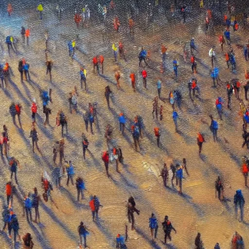 Image similar to photorealistic oil painting of thousands of people walking in single file on a beach