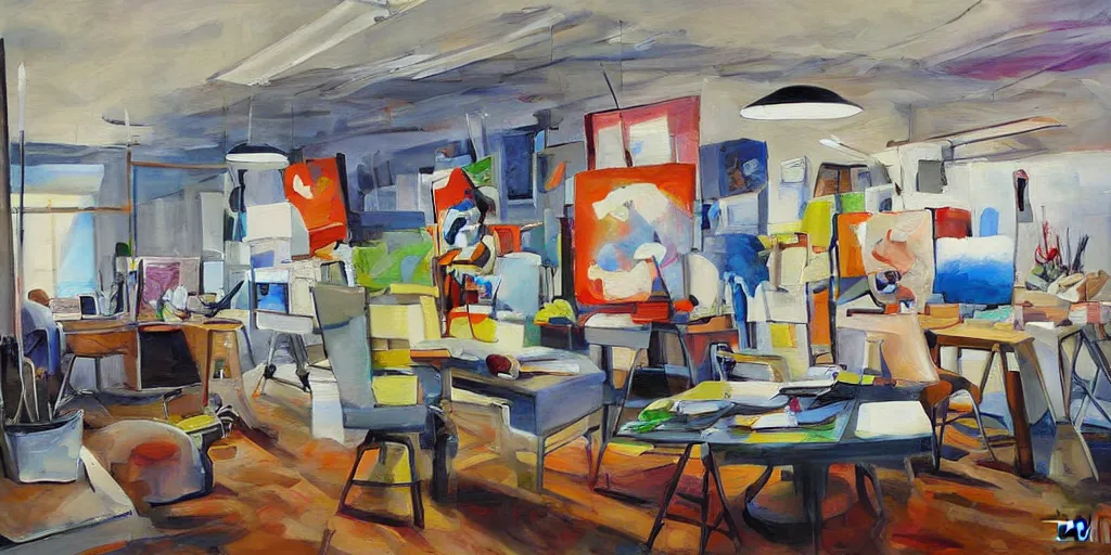 Image similar to painting gallery workplace, art style by bryen frost