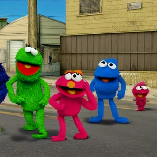 Prompt: Sesame Street muppet characters form a gang in Grove Street from GTA San Andreas