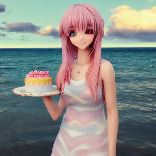 Prompt: Render of a beautiful 3d anime woman holding a birthday cake to show the camera, long light pink hair, full bangs, hazel eyes, cute freckles, full round face, proud smile, Chinese heritage, cute checkerboard sundress, golden hour, serene beach setting, medium shot, mid-shot, hyperdetailed, trending on Artstation, Unreal Engine 4k