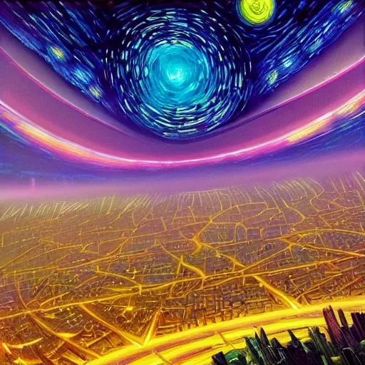 Prompt: starry night sky futuristic city of light synthwave bright neon colors highly details cinematic, vladimir kush, philippe dru, roger deal, michael whelan,