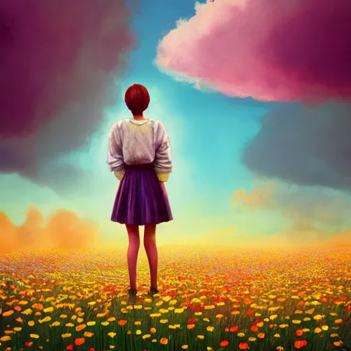 Image similar to full body girl standing in a flower field, her head is hidden behind the huge daisy flower,. surreal photography, sunrise, dramatic light, impressionist painting, colorful clouds, digital painting, artstation, simon stalenhag