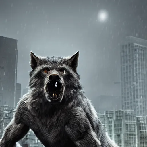 Image similar to muscular werewolf, grey fur, city background, field of depth, bokeh, award-winning photorealistic uhd 8k