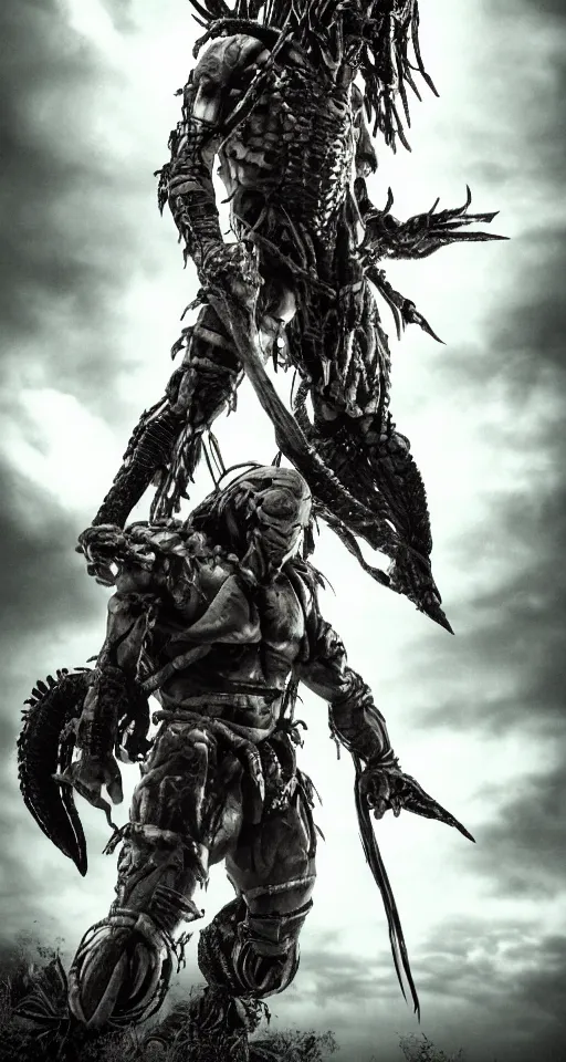 Image similar to movie film poster art for hiroyuki sanada vs predator. in the style of ansel adams, frank frazzetta, realistic, detailed, octane