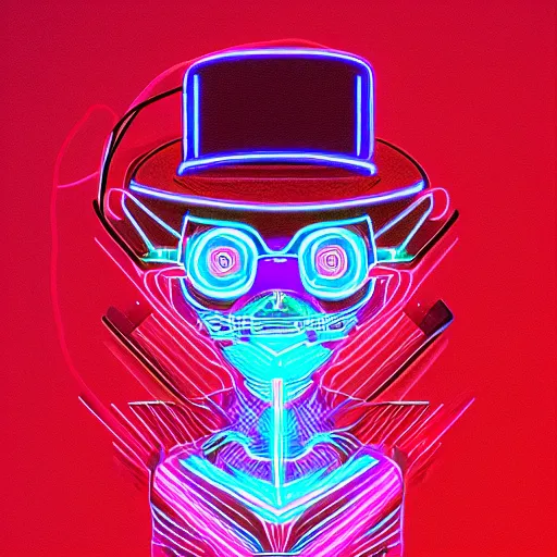 Image similar to a half robot cat wearing a hat, outlined by whirling illuminated neon lines, outrun, vaporware, shaded flat illustration, digital art, trending on artstation, highly detailed, fine detail, intricate