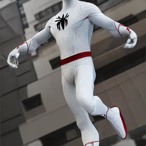 Image similar to white spider - man suit with black web lining, cinematic, volumetric lighting, realistic, hyperdetailed, photorealistic, photograph