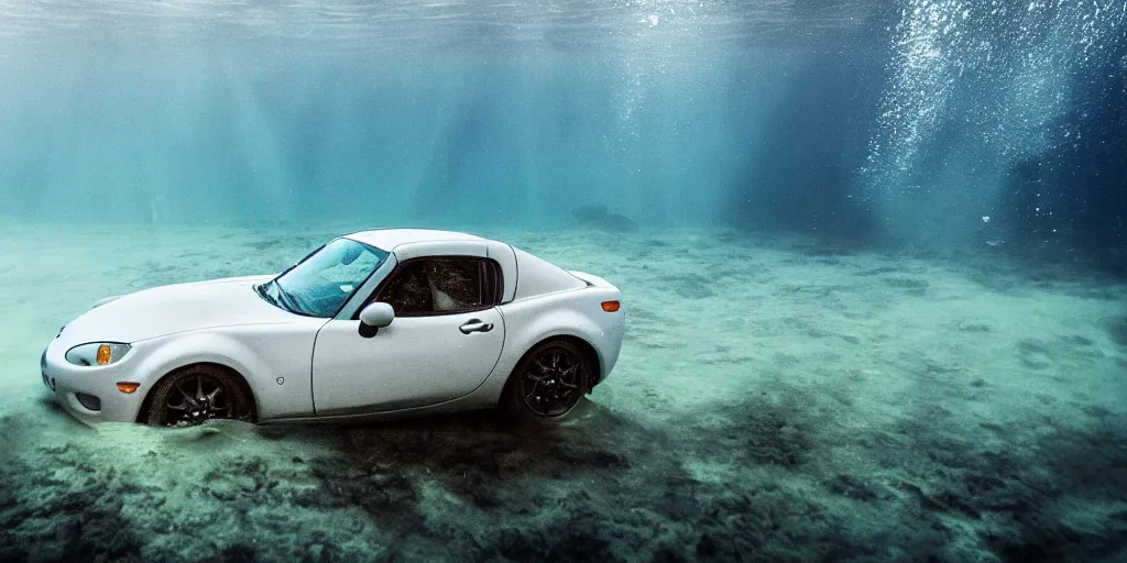 Prompt: a mazda miata, underwater, sunken