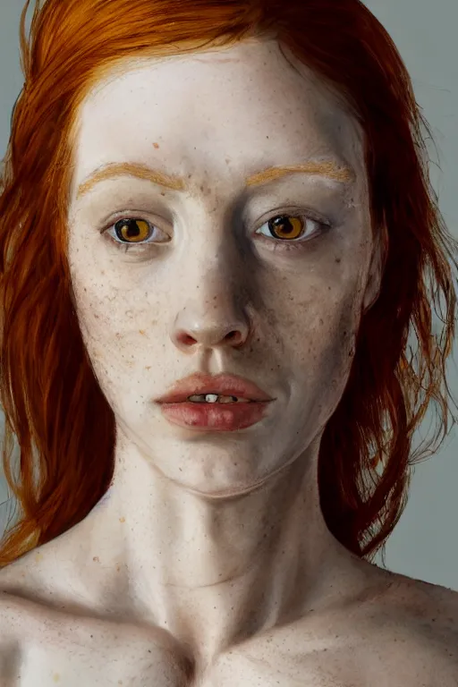 Prompt: hyperrealism extreme close-up portrait of melting cyborg medieval ginger female with freckles, pale skin, wearing dark silk, in style of classicism