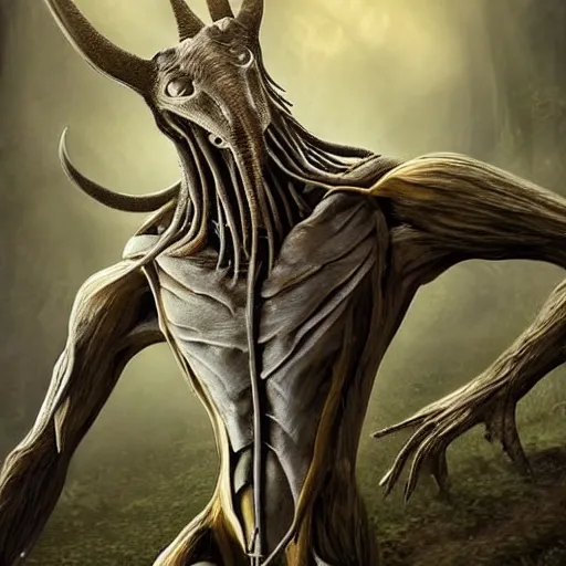 Image similar to a humanoid fantasy species with leathery gray skin, a wiry build, lanky arms, claws, four-fingered hands, two sleek horns, a long snout, yellow eyes, and fangs