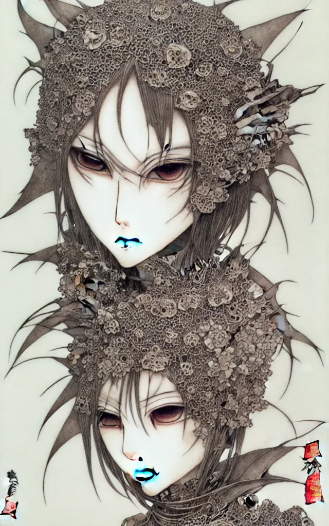 Prompt: prompt: Fragile looking face drawn by Yoshitaka Amano and Takato Yamamoto, ceramic looking face, cyber parts inspired by Evangeleon, clean ink detailed line drawing, intricate detail drawing, manga 1990, portrait