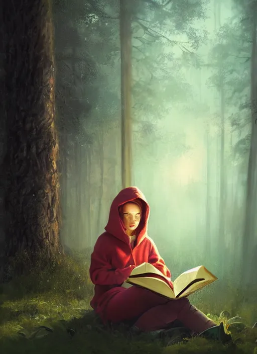 Prompt: portrait, stunningly beautiful girl wearing a hoodie, sits in a mystical misty forest, reading under a tree, fireflies and fairies, dramatic lighting, cinematic, establishing shot, extremly high detail, foto realistic, cinematic lighting, post processed, concept art, artstation, matte painting, style by eddie mendoza, raphael lacoste, alex ross