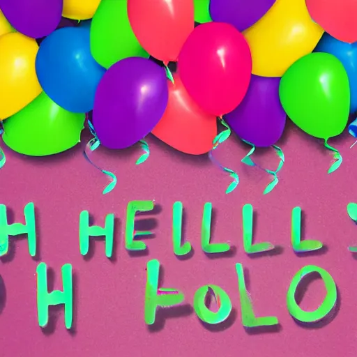 Prompt: the word hello shaped by colorful party balloons, realistic and shiny