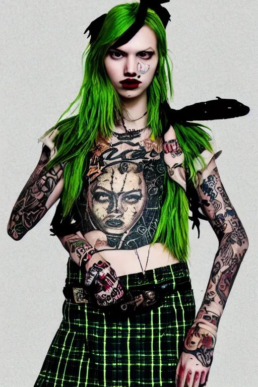 Image similar to upper body portrait hannah murray as a punk woman with green mohawk, covered in neotraditional style tattoos, wearing a bold tee shirt, flannel jacket, fishnets and a long tartan skirt, intimidating, max details, hyperrealistic, photorealistic, ultra - realistic, ultra - detailed, cinematic, 8 k resolution by alan lee