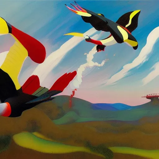 Prompt: Giant toucans fly through the air, as a tornado approaches, by Takashi Murakami, Edward Hopper, Bo Bartlett, and Cynthia Sheppard, Artstation