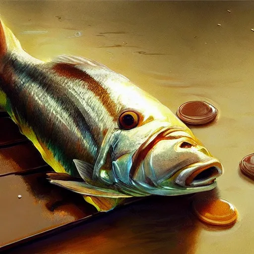 Image similar to a fish laying on top of a chocolate bar. soft, atmospheric, warm lighting. highly detailed digital painting by mandy jurgens.