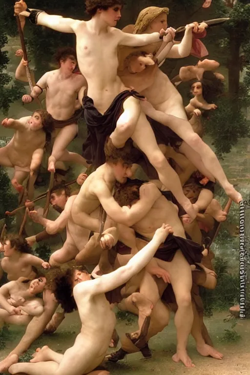 Image similar to battling Spartans against wolves in the style of  William Adolphe Bouguereau