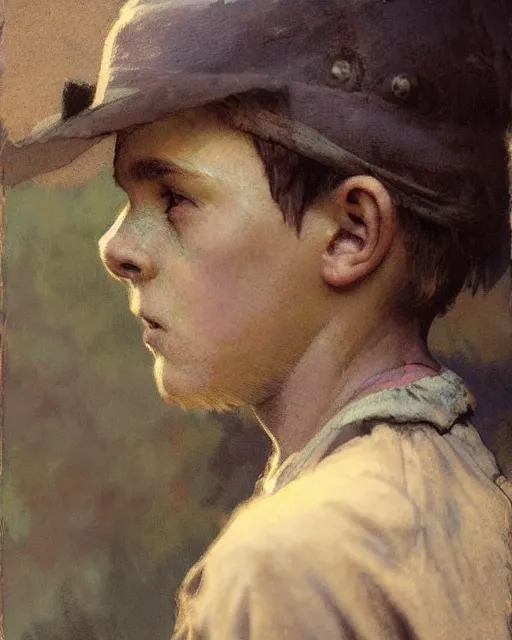 Image similar to side portrait of an Appalachian boy playing with dusty detailed features, dirt, prohibition era, Appalachian mountains, sharp focus, illustration, highly detailed, oil painting, matte, art by Greg Rutkowski and Alphonse Mucha, masterpiece